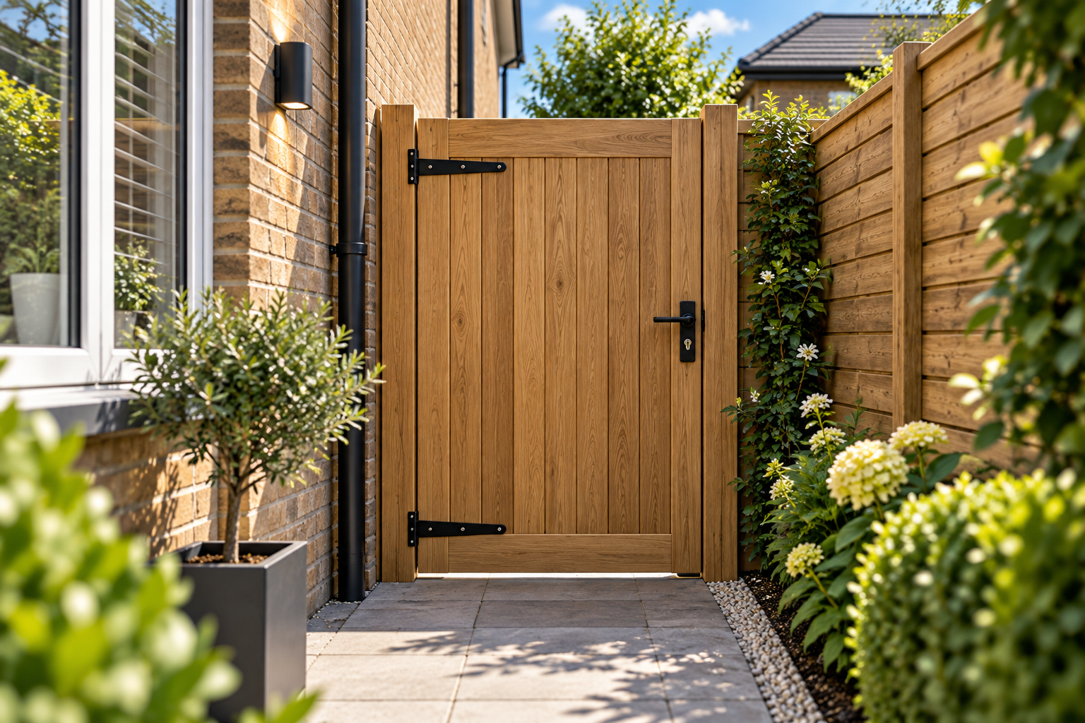 Modern made to measure garden oak gate Peterborough