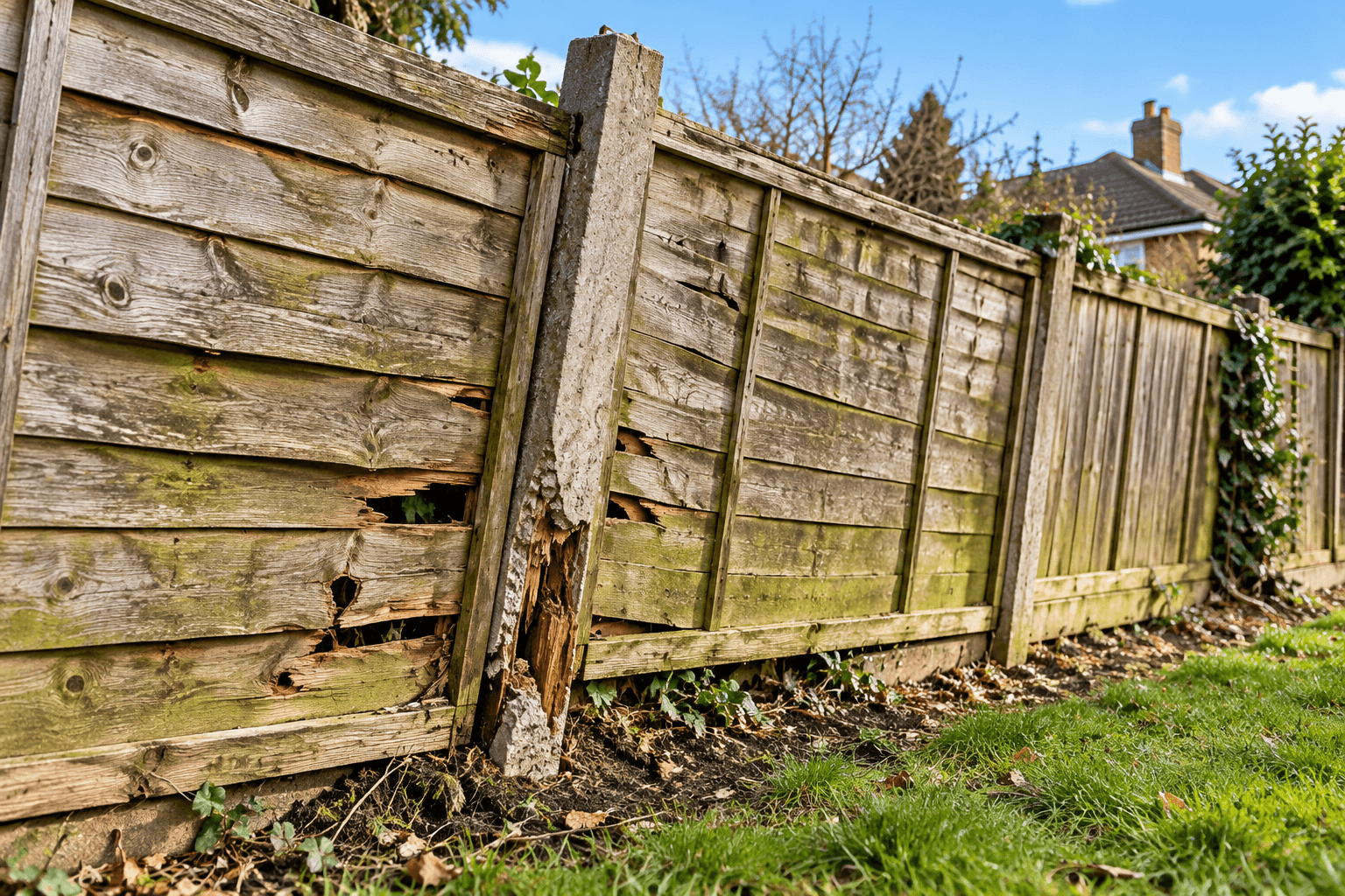 Damaged and rotten timber fence needing repairs in Peterborough