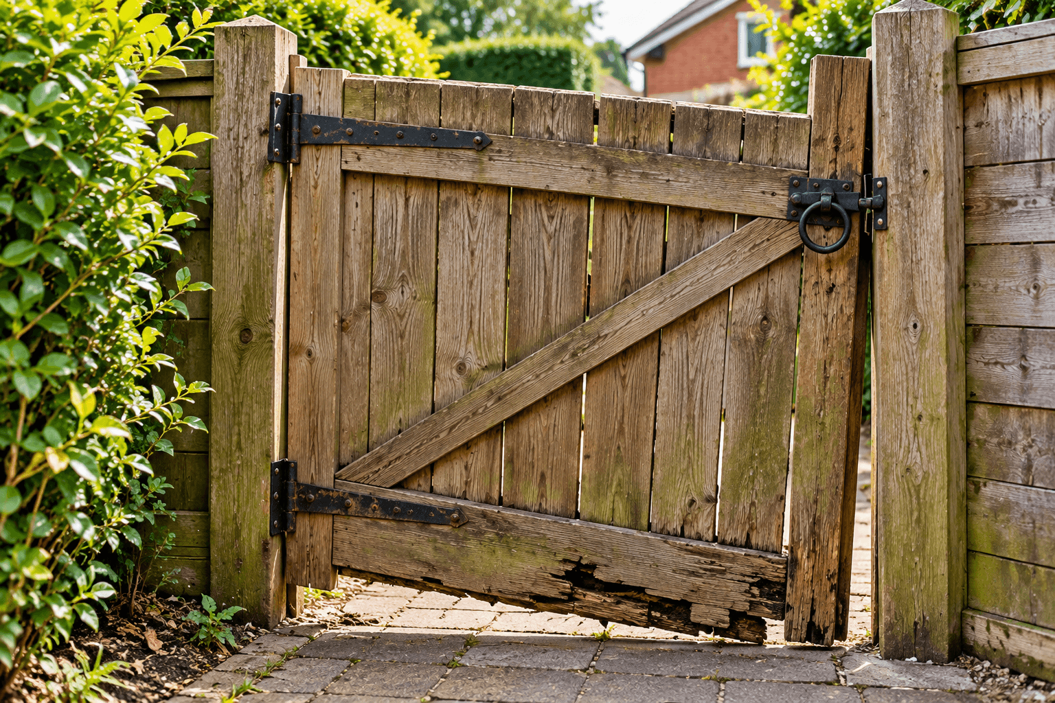 Damaged wooden garden gate requiring repairs in Peterborough